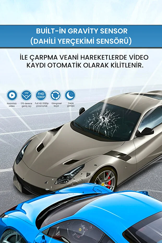 Full HD 1080P Araç İçi Kamera 170° Geniş Açı Gece Görüşlü Döngüsel Kayıt 3 Kanallı Dash Cam